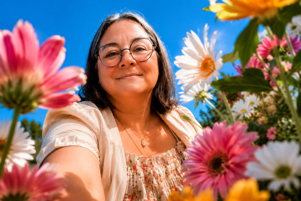 Marie-Fred, créatrice de chemin, sourit au milieu de fleurs colorées sous un ciel bleu, illustrant un parcours vers le bien-être et l'autonomie.